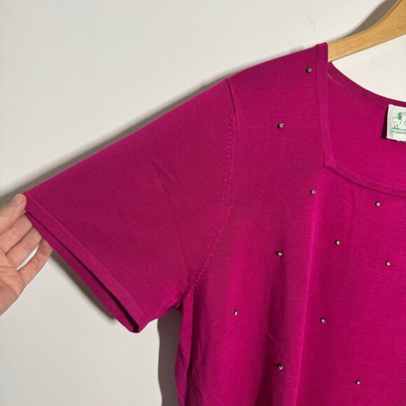 Quacker Factory Top Women Pink Diamond Bling Sparkle Holiday Square Neck Tshirt - Picture 5 of 6